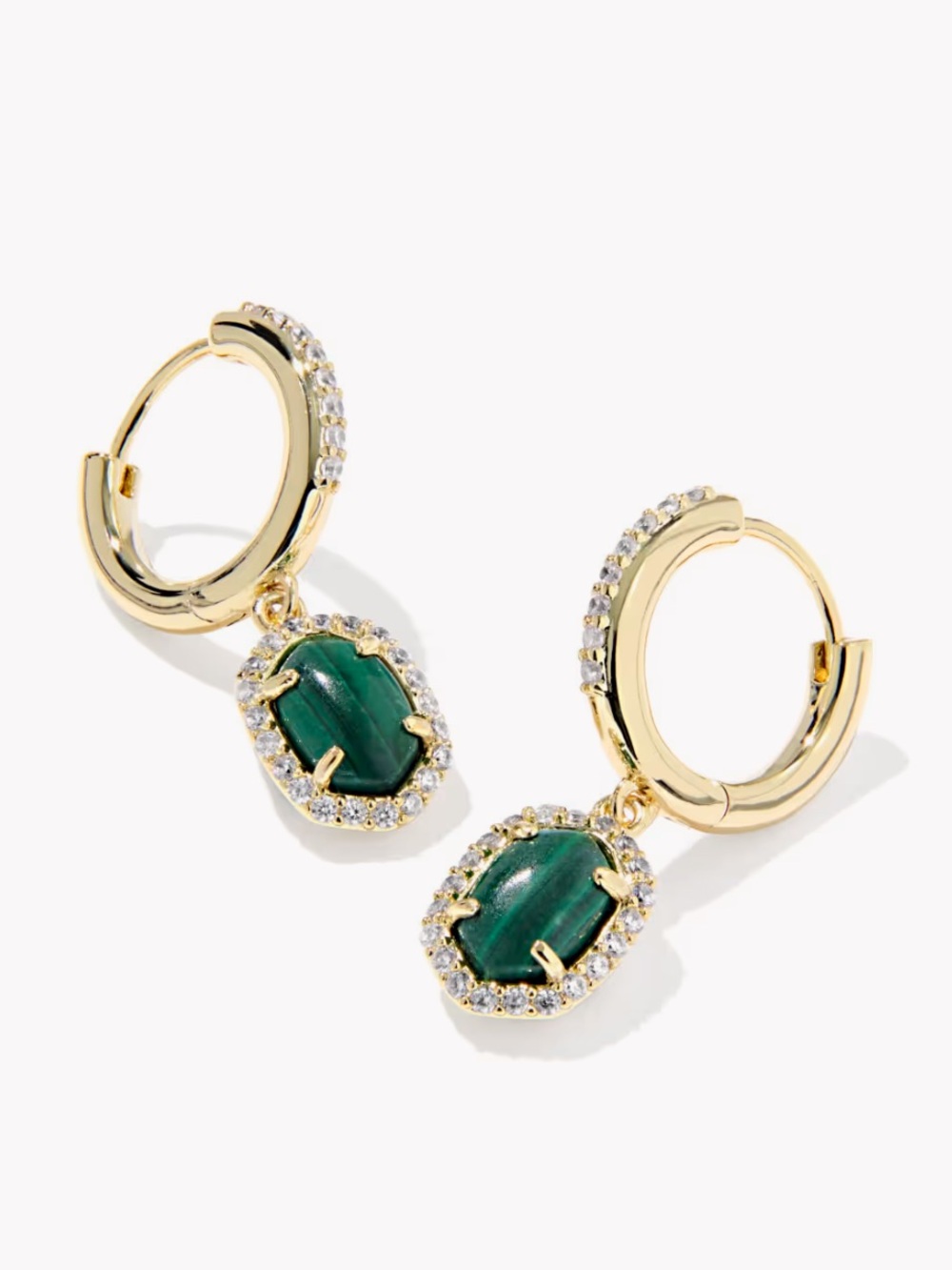 Kendra Scott Gold Huggie Earrings with Emerald-Green Stone Drops